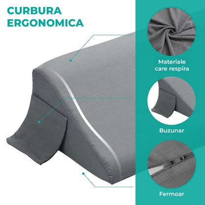 Perna Ortopedica Triunghiulara Elindor® pentru Pat, Perna din Spuma Densa, Suport Spate, Cap, Post-Operator, Anti-Reflux, Antisforait, Antirid, Husa Detasabila cu Fermoar, 193 x 25 x 15 cm, Gri