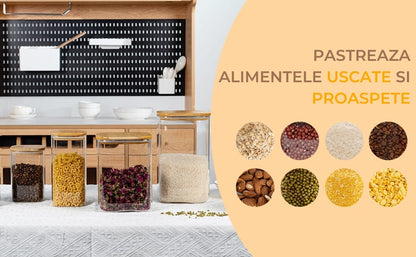 Set 3 Borcane Sticlă Elindor®, 2L, Capace Bambus și Etichete Negre