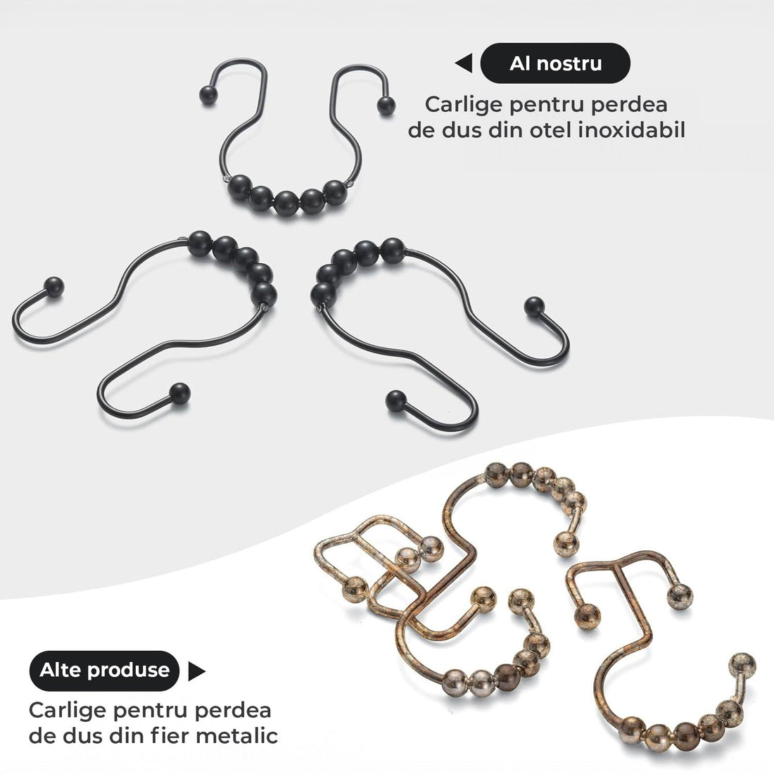 Set 12 Inele Negre pentru Perdea Dus Elindor®, Accesorii Baie, Agatatoare Inox, Anticadere, Rezistente la Coroziune, Decoratiuni Metalice, Ideal pentru Bara si Prindere Usoara