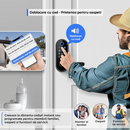 Yala Inteligentă Elindor® cu Amprentă și Cod de Acces, Fără Cheie, Negru