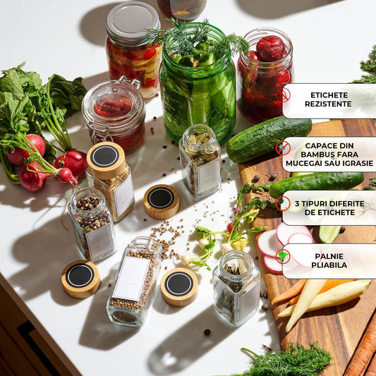 Set 12 Recipiente Condimente Elindor® din Sticla cu Capace Bambus, Etichete Personalizabile, Palnie Silicon, Organizator Bucatarie Mirodenii, Borcane Sticla, Accesorii Depozitare, Transparent