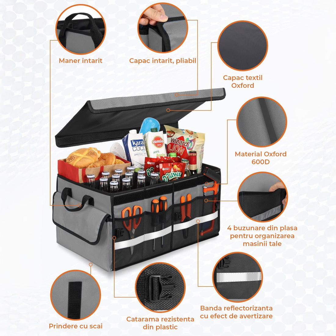 Organizator Negru Portbagaj Auto Elindor®, Cutie Pliabila, Geanta Depozitare, Compartimentare Practica, Accesorii Interior Masina, Plasa Elastica, Suport Bagaje, Organizare Rapida