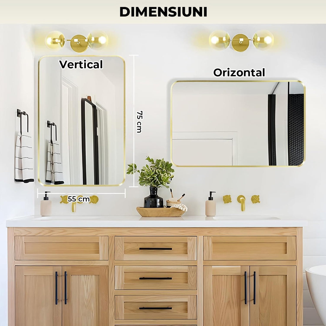 Oglinda Dreptunghiulara Elindor®, Margini Rotunjite, Reflexie HD, Sticla Premium, 75x55 cm, Auriu