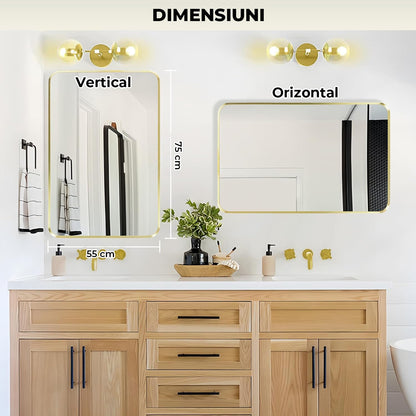 Oglinda Dreptunghiulara Elindor®, Margini Rotunjite, Reflexie HD, Sticla Premium, 75x55 cm, Auriu