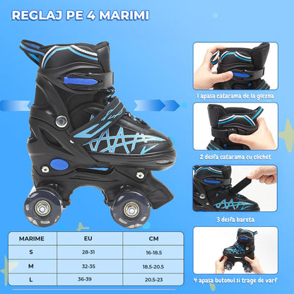 Role Reglabile Elindor® pentru Copii, Fete si Baieti, 4 Roti cu Lumini Quad, Ajutatoare, Rotile din Silicon, Rulmenti ABEC-7, Aluminiu / Poliuretan, Marimea S,28-32, Model Unicorn, Negru / Albastru