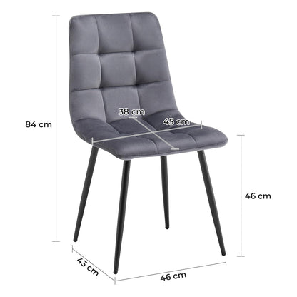 Set 2 Scaune Elindor® Ergonomice, Design Contemporan, Scaun cu Spatar Inaltime 41 cm, fara Manere, din Catifea cu Picioare Metalice Negre, Potrivite pentru Living, Bucatarie, Birou, Dormitor, 54 x 45 x 83 cm, Gri