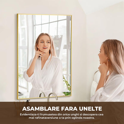 Oglinda Dreptunghiulara Elindor®, 55x75 cm, Sticla Fara Distorsiuni, Usor de Instalatat, Auriu