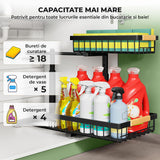 Organizator Multifunctional Elindor® pe 2 Nivele, 2x Sertar Glisant, Montat pe Blat sau in Dulap sub Chiuveta, Suport Metalic Organizare, pentru Bucatarie, Baie, Camara, Bar, Raft cu Sertare Depozitare Legume, Detergenti, Parfumuri, 40×30×43 cm, Negru