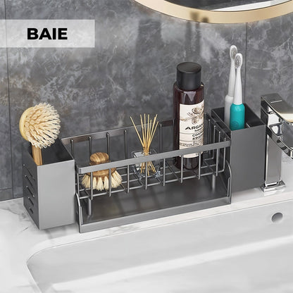 Scurgere Tacamuri cu Scurgere Automata Elindor®, Suport pentru Chiuveta, Bureti, Perii, Lavete, Detergent, Sticle, Cutii Inox, Cu Suport Prosop, Montaj Pe Blat Sau Perete, Metal Durabil 30,5×9×11 cm, Negru