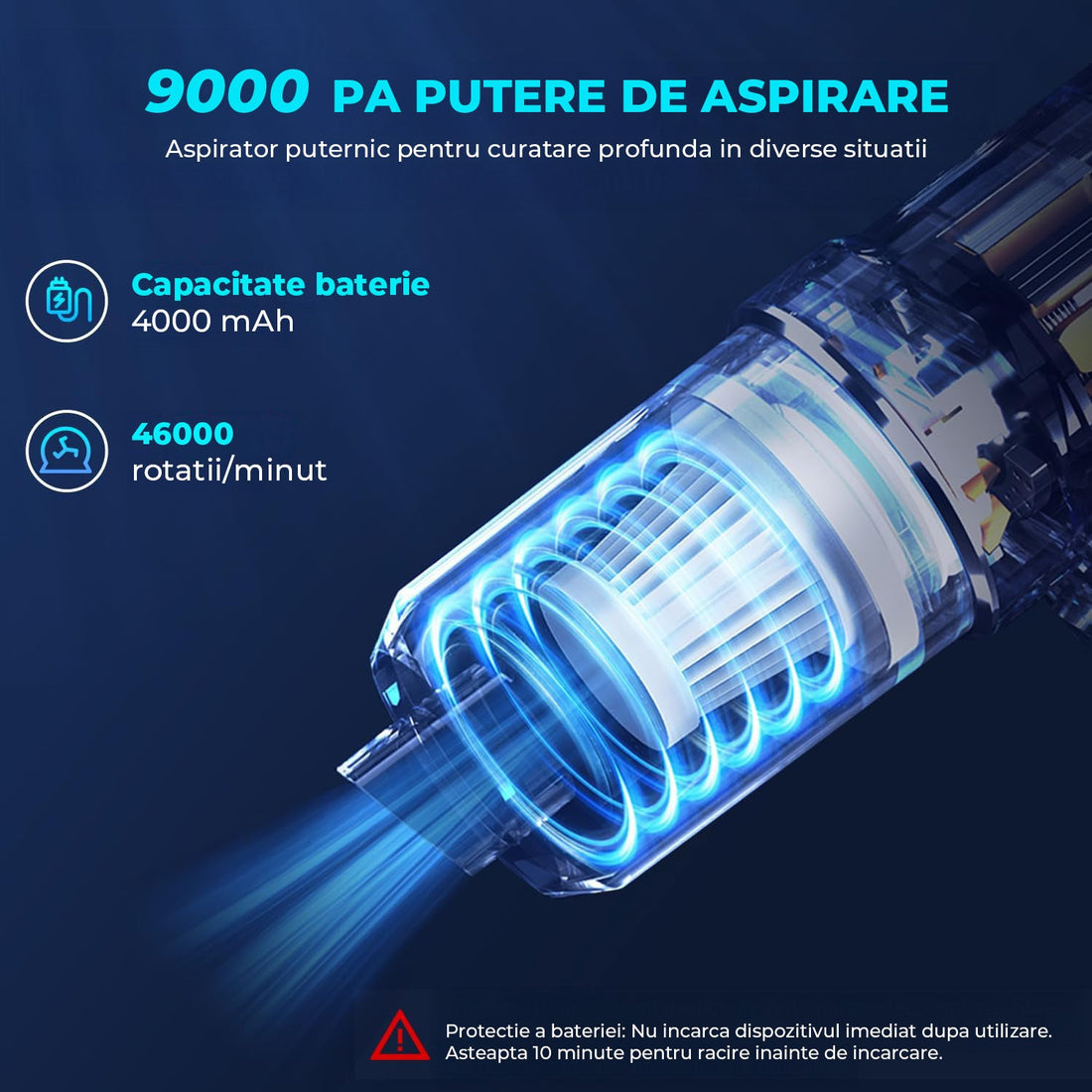 Aspirator Auto 2 in 1 Portabil Elindor® Fara Fir 9000Pa cu Functie de Suflare si Lumina LED, 120W, Acumulator 4000mAh, Albastru