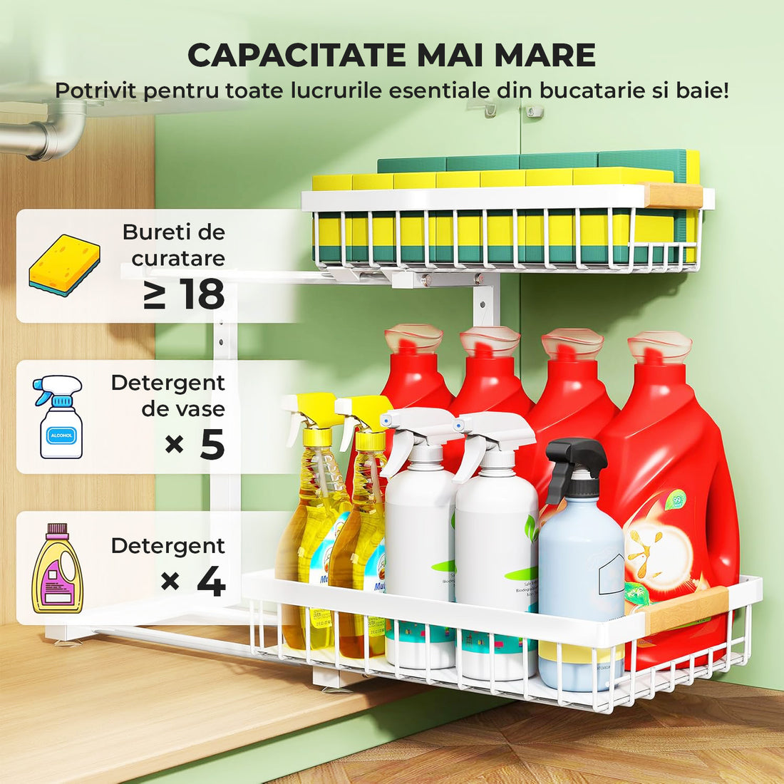 Organizator Multifunctional Elindor® pe 2 Nivele, 2x Sertar Glisant, Montat pe Blat sau in Dulap sub Chiuveta, Suport Metalic Organizare, pentru Bucatarie, Baie, Camara, Bar, Raft cu Sertare Depozitare Legume, Detergenti, Parfumuri, 40.×30×43 cm, Alb
