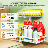 Organizator Multifunctional Elindor® pe 2 Nivele, 2x Sertar Glisant, Montat pe Blat sau in Dulap sub Chiuveta, Suport Metalic Organizare, pentru Bucatarie, Baie, Camara, Bar, Raft cu Sertare Depozitare Legume, Detergenti, Parfumuri, 40.×30×43 cm, Alb