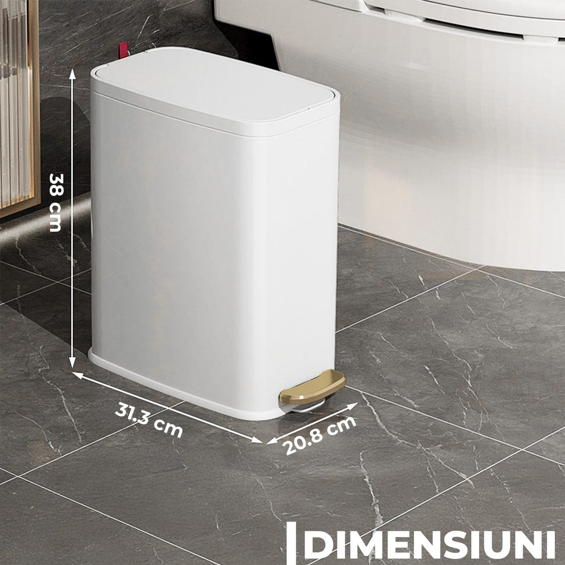 Coș Gunoi Elindor®, Subțire, Metalic, Compact, 7 Litri, Alb