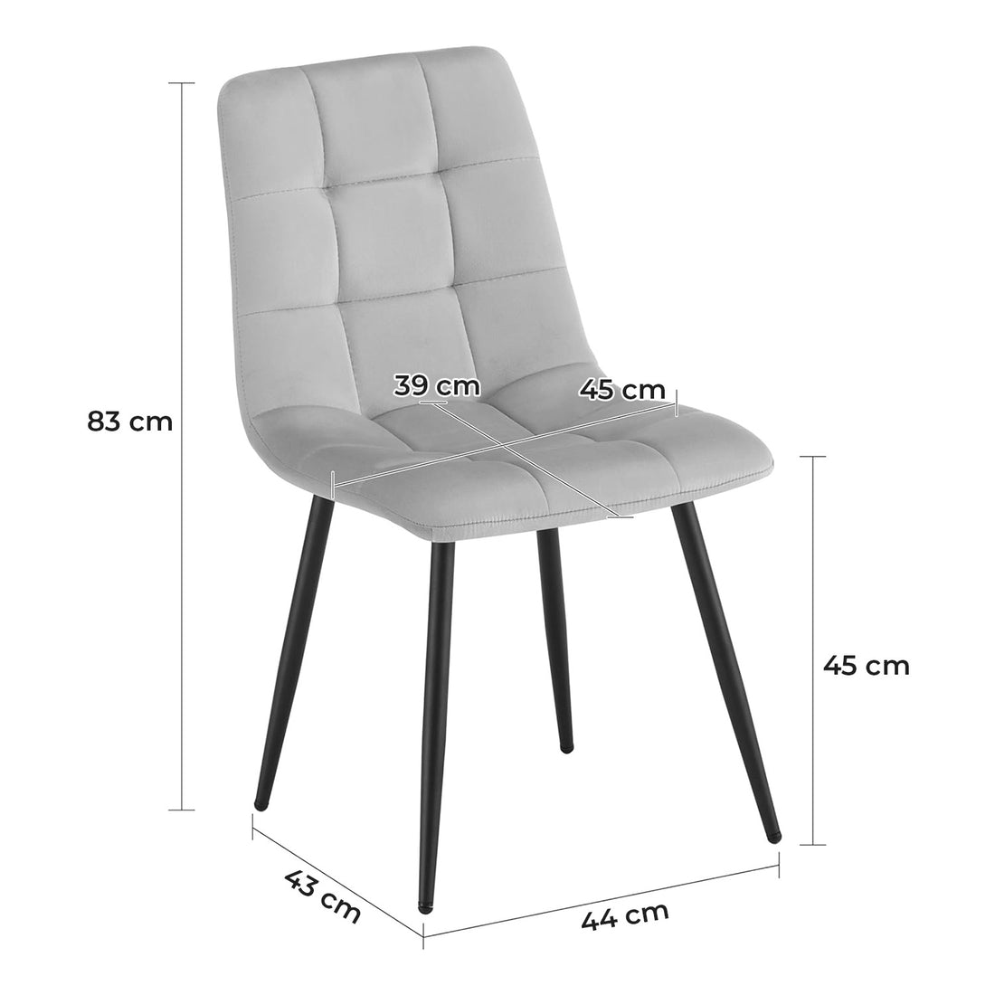 Set 2 Scaune Elindor® Ergonomice, Design Contemporan, Scaun cu Spatar Inaltime 41 cm, fara Manere, din Catifea cu Picioare Metalice Negre, Potrivite pentru Living, Bucatarie, Birou, Dormitor, 54 x 45 x 83 cm, Gri Deschis