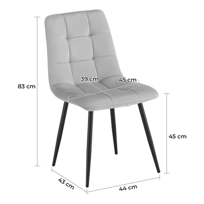Set 2 Scaune Elindor® Ergonomice, Design Contemporan, Scaun cu Spatar Inaltime 41 cm, fara Manere, din Catifea cu Picioare Metalice Negre, Potrivite pentru Living, Bucatarie, Birou, Dormitor, 54 x 45 x 83 cm, Gri Deschis