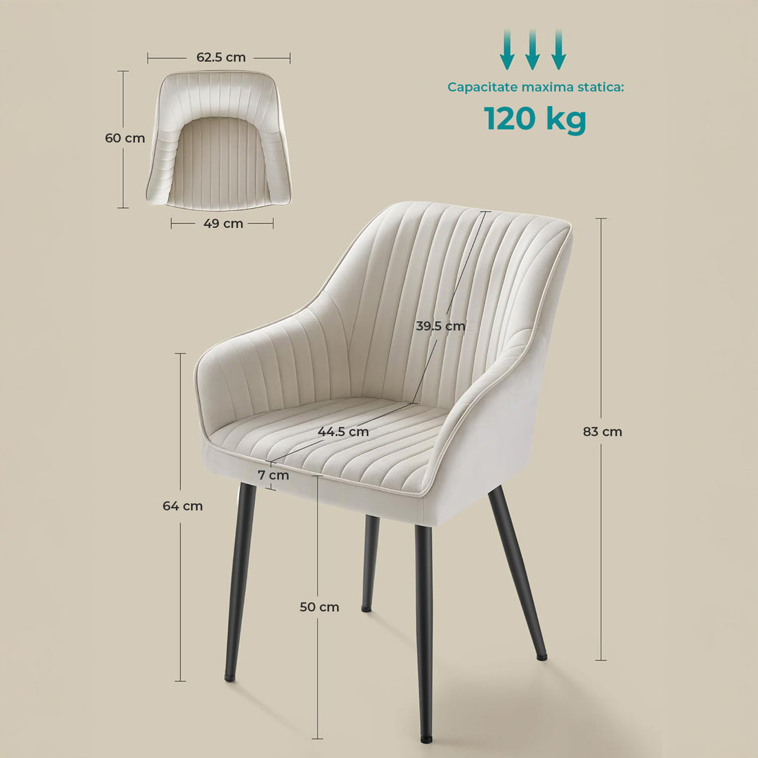 Set 2 Scaune Elindor® Ergonomice, Design Contemporan, Scaun cu Spatar si cu Manere, din Catifea cu Picioare Metalice Negre, Potrivite pentru Living, Bucatarie, Birou, Dormitor, Latime Sezut 49 cm, 55.5 x 43 x 83 cm, Bej Deschis