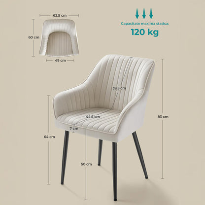 Set 2 Scaune Elindor® Ergonomice, Design Contemporan, Scaun cu Spatar si cu Manere, din Catifea cu Picioare Metalice Negre, Potrivite pentru Living, Bucatarie, Birou, Dormitor, Latime Sezut 49 cm, 55.5 x 43 x 83 cm, Bej Deschis