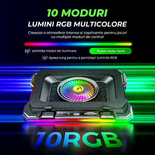 Suport Racire Elindor® Cu Ventilator Turbo Puternic, 10 Efecte RGB, Afisaj LCD, 7 Trepte Reglaj Inaltime, Negru