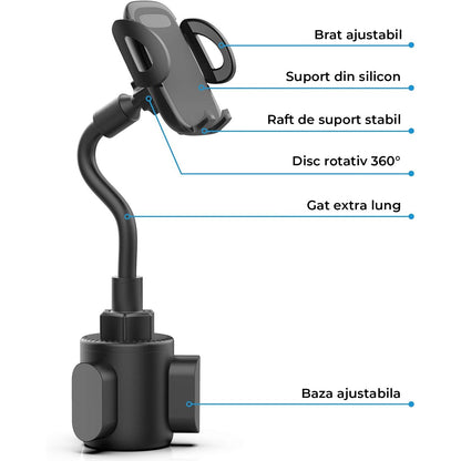 Suport Telefon Auto Elindor® Universal pentru Suport Pahar, Brat Reglabil, Rotire 360°, Accesoriu Masina, Negru