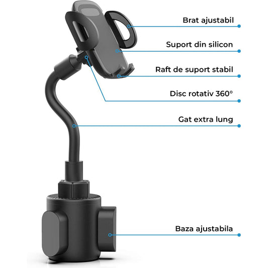 Suport Telefon Auto Elindor® Universal pentru Suport Pahar, Brat Reglabil, Rotire 360°, Accesoriu Masina, Negru