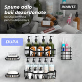 Set 5 Etajere Rafturi Pentru Baie Elindor® Fara Gaurire, Otel Inoxidabil, Fixare Adeziva, Negru