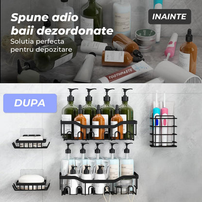 Set 5 Etajere Rafturi Pentru Baie Elindor® Fara Gaurire, Otel Inoxidabil, Fixare Adeziva, Negru