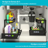 Organizator Multifunctional Elindor® 2 Nivele, pe Blat / in Dulap sub Chiuveta, Sertar Glisant, Suport Metalic Organizare, Ideal pentru Bucatarie, Baie, Camara, Bar, Raft cu Sertare Depozitare Legume, Fructe, Detergenti, Parfumuri, 36.2 x 27 x 28.5, Negru