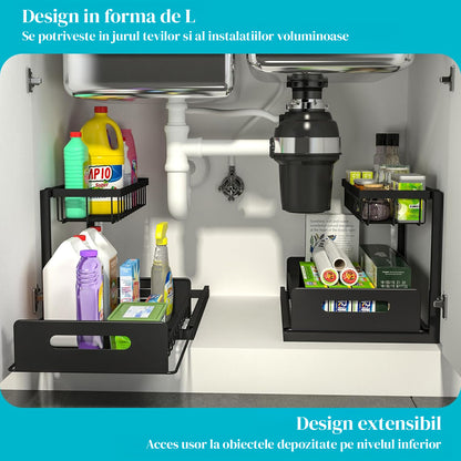 Organizator Multifunctional Elindor® 2 Nivele, pe Blat / in Dulap sub Chiuveta, Sertar Glisant, Suport Metalic Organizare, Ideal pentru Bucatarie, Baie, Camara, Bar, Raft cu Sertare Depozitare Legume, Fructe, Detergenti, Parfumuri, 36.2 x 27 x 28.5, Negru