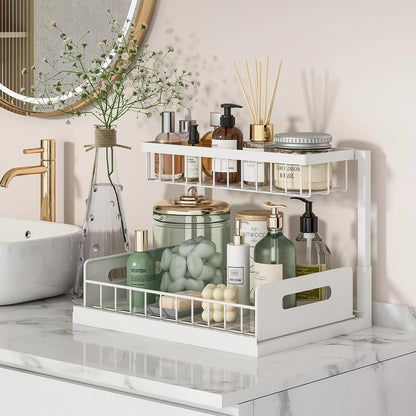 Organizator Multifunctional Elindor® 2 Nivele, pe Blat / in Dulap sub Chiuveta, Sertar Glisant, Suport Metalic Organizare, Ideal pentru Bucatarie, Baie, Camara, Bar, Raft cu Sertare Depozitare Legume, Fructe, Detergenti, Parfumuri, 36 x 27 x 28.5, Alb