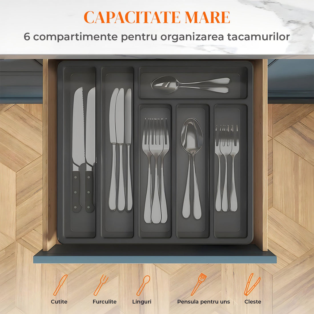 Organizator pentru Tacamuri Negru Elindor® Ustensile de Bucatarie, 6 Compartimente Depozitare, Suport pentru Cutite, Linguri, Furculite, Accesorii Bucatarie, Separator Sertar, 33x30x5.3 cm, PP fara BPA