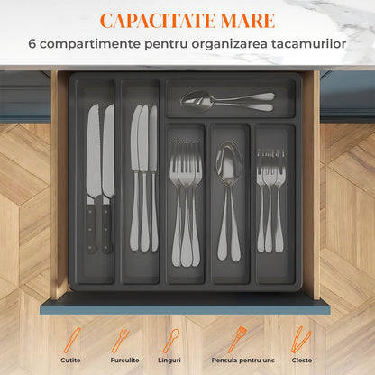 Organizator pentru Tacamuri Negru Elindor® Ustensile de Bucatarie, 6 Compartimente Depozitare, Suport pentru Cutite, Linguri, Furculite, Accesorii Bucatarie, Separator Sertar, 33x30x5.3 cm, PP fara BPA