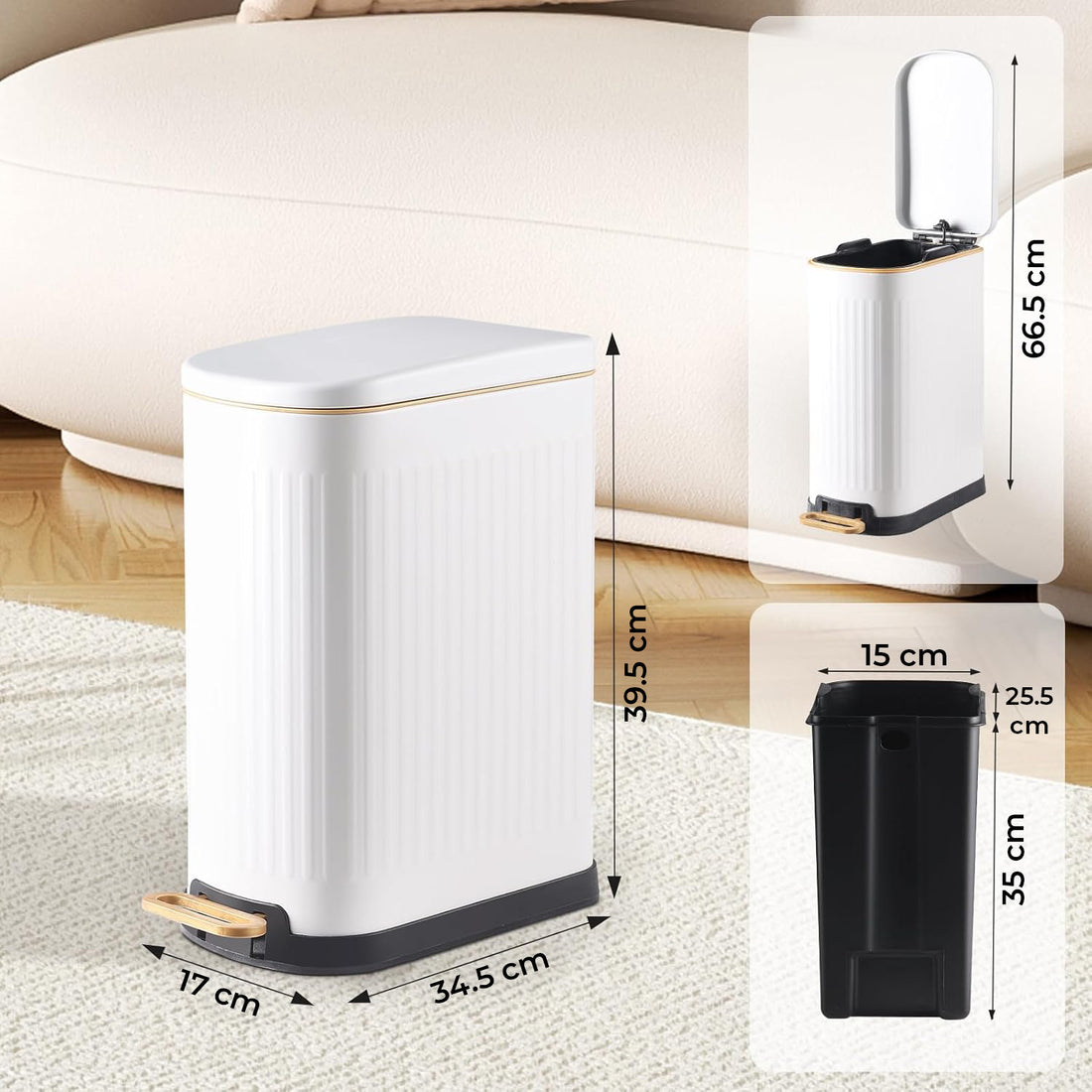 Cos de Gunoi pentru Baie cu Pedala Elindor® Metalic 13 L, Incorporabil, Functie Soft-Close, Capac Anti-Miros, Interior din Plastic, Pubela Slim pentru Bucatarie, Birou, Camera, Colectare Hartie Igienica si Deseuri, Design Compact si Modern, 34x17x39 cm, A