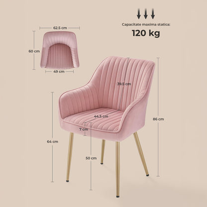 Set 2 Scaune Elindor® Ergonomice, Design Contemporan, Scaun cu Spatar si cu Manere, din Catifea cu Picioare Metalice Aurii, Potrivite pentru Living, Bucatarie, Birou, Dormitor, Latime Sezut 49 cm, 55.5 x 43 x 83 cm, Roz