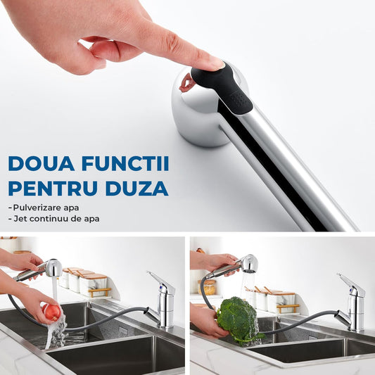 Baterie Chiuveta Bucatarie Argintie Elindor®, Robinet de Apa, Jet Reglabil, Modern cu Pipa Flexibila, Cap Dus Extractabil cu Doua Functii, Monocomanda, Rotativ 360°, pentru Bucatarie, Alama, Finisaj Lucios Cromat