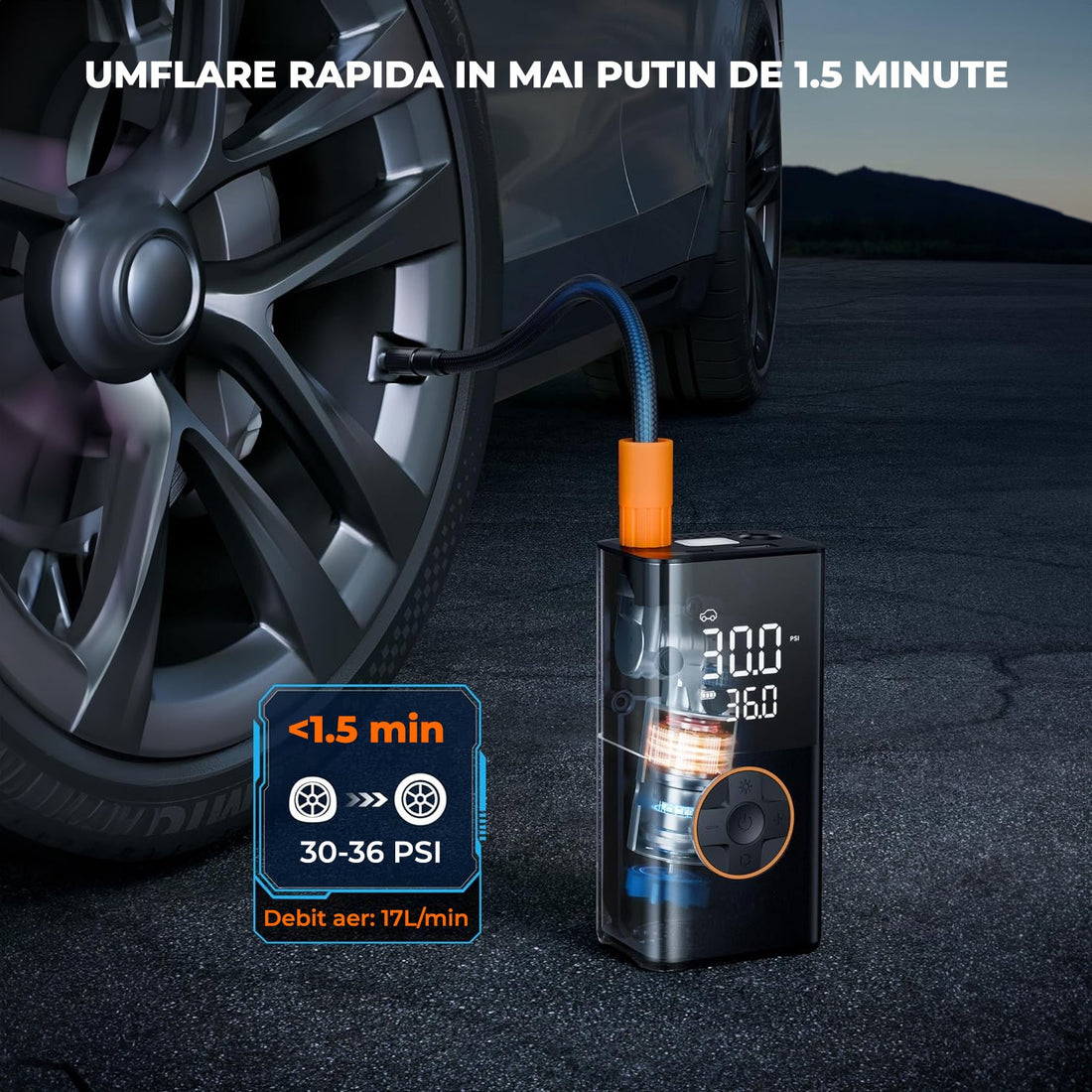 Compresor Auto Digital Elindor®,Portabil, 4000mAh, Negru