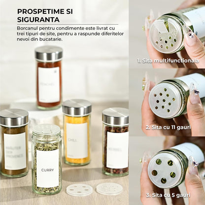 Set 12 Recipiente Condimente Elindor® din Sticla cu Capac Inox, cu Sita, Organizator Bucatarie, Organizatoare Sertar, Borcane 100 ml, 2 Tipuri de Etichete Albe si Negre, Palnie din Silicon, 2x Pix Inclus, Perie de Curatare, Accesorii Depozitare