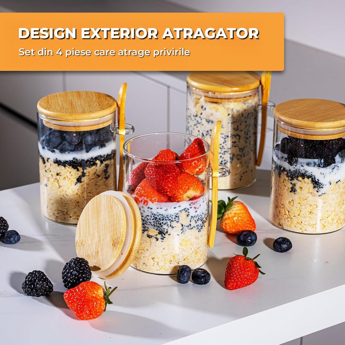 Set 4 Recipiente din Sticla Elindor®, Borcane cu Capac pentru Mic Dejun, Iaurt, Fulgi, Desert, Budinca, Gustari,  470 ml, Dimensiuni 8.5×8.5×12 cm, Transparent