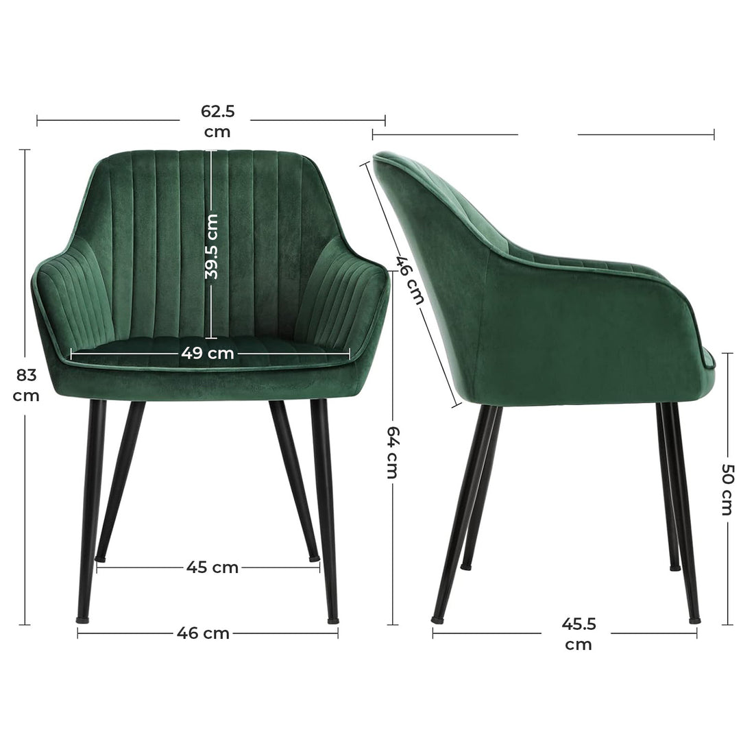 Set 2 Scaune Elindor® Ergonomice, Design Contemporan, Scaun cu Spatar si cu Manere, din Catifea cu Picioare Metalice Negre, Potrivite pentru Living, Bucatarie, Birou, Dormitor, Latime Sezut 49 cm, 55.5 x 43 x 83 cm, Verde Inchis