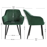 Set 2 Scaune Elindor® Ergonomice, Design Contemporan, Scaun cu Spatar si cu Manere, din Catifea cu Picioare Metalice Negre, Potrivite pentru Living, Bucatarie, Birou, Dormitor, Latime Sezut 49 cm, 55.5 x 43 x 83 cm, Verde Inchis