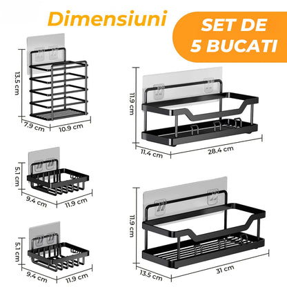 Set 5 Etajere Autoadezive Elindor® Rfturi de Dus, Otel Carbon, Fixare Fara Gauri, Negru