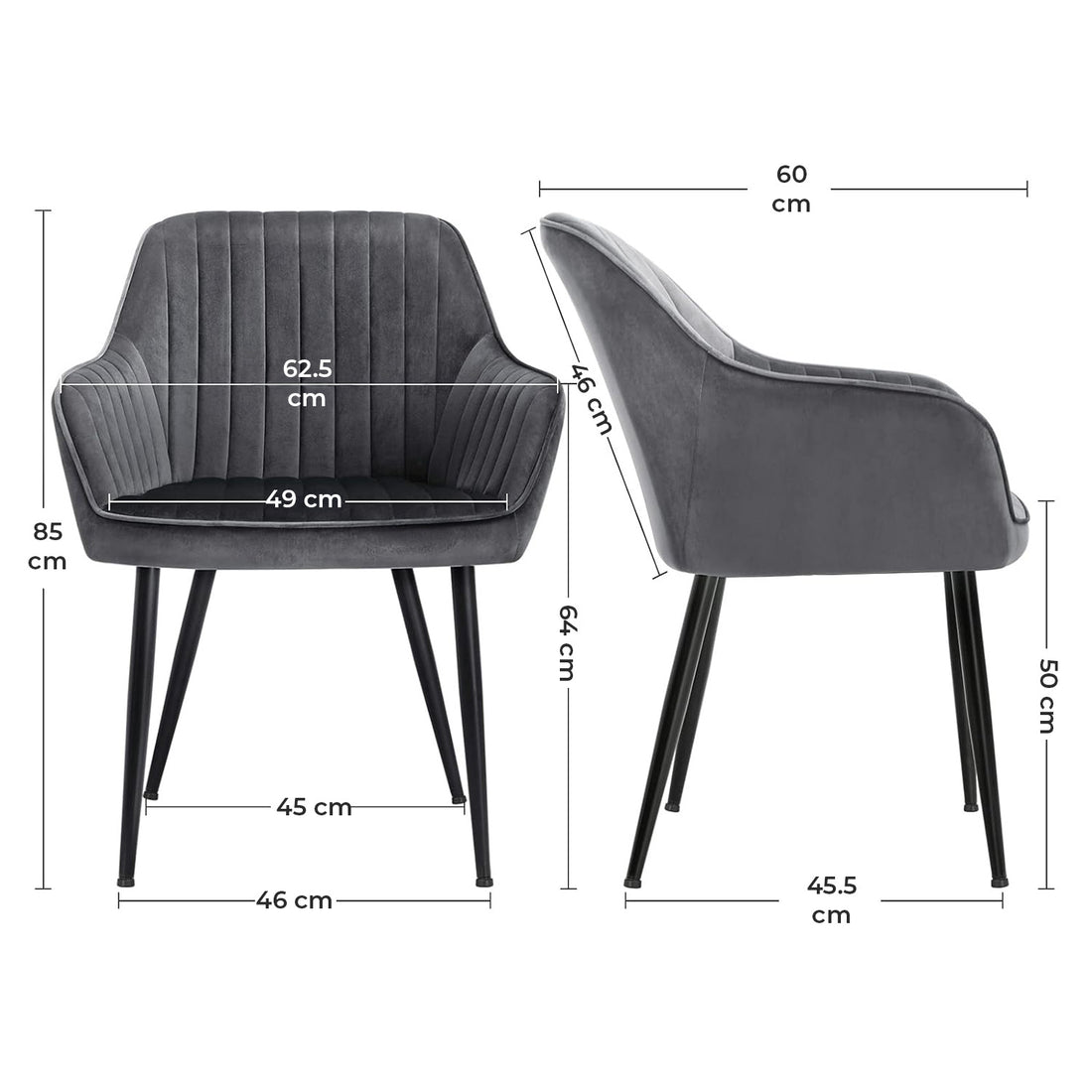 Set 2 Scaune Elindor® Ergonomice, Design Contemporan, Scaun cu Spatar si cu Manere, din Catifea cu Picioare Metalice Negre, Potrivite pentru Living, Bucatarie, Birou, Dormitor, Latime Sezut 49 cm, 55.5 x 43 x 83 cm, Gri Inchis