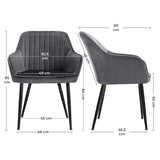 Set 2 Scaune Elindor® Ergonomice, Design Contemporan, Scaun cu Spatar si cu Manere, din Catifea cu Picioare Metalice Negre, Potrivite pentru Living, Bucatarie, Birou, Dormitor, Latime Sezut 49 cm, 55.5 x 43 x 83 cm, Gri Inchis