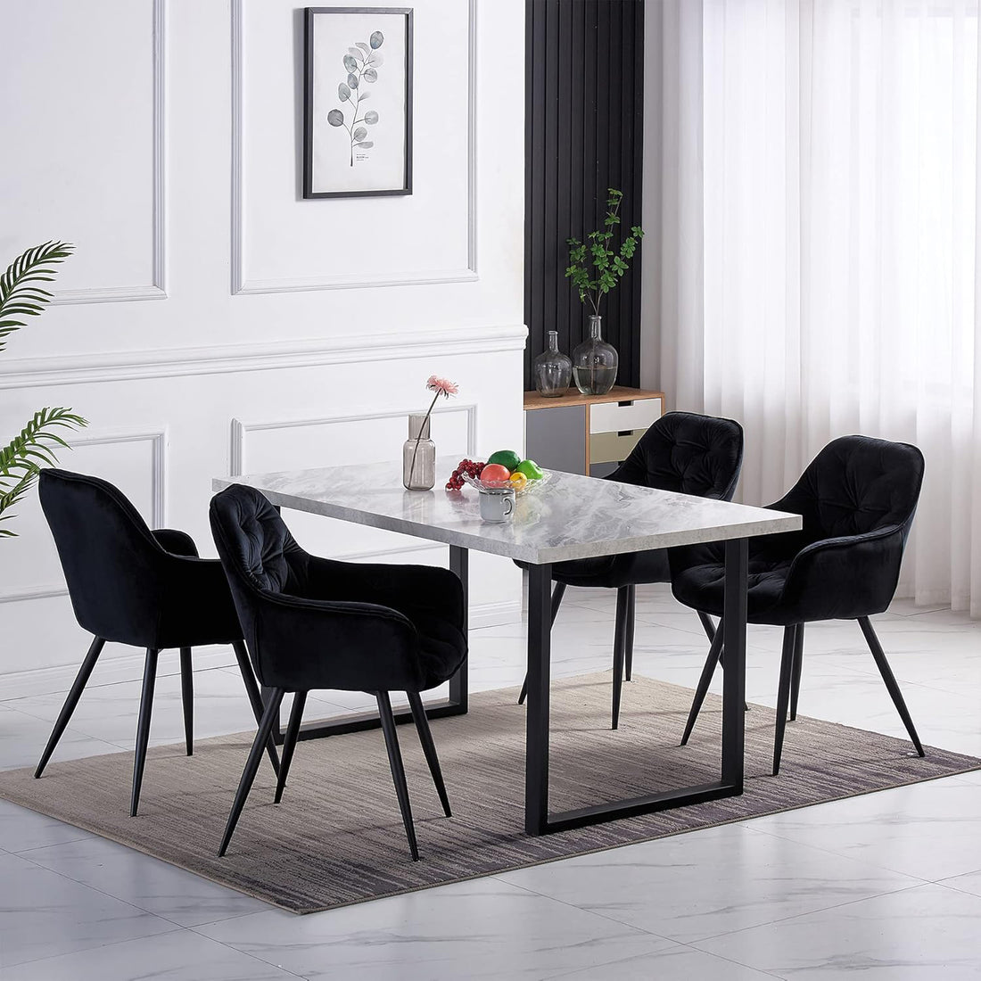 Set 2 Scaune Elindor® Ergonomice, Design Modern si Elegant, Scaun cu Spatar si cu Manere, din Catifea cu Picioare Metalice Negre, Potrivite pentru Living, Bucatarie, Birou, Dormitor, Latime Sezut 49 cm, 61 x 60 x 87 cm, Negru