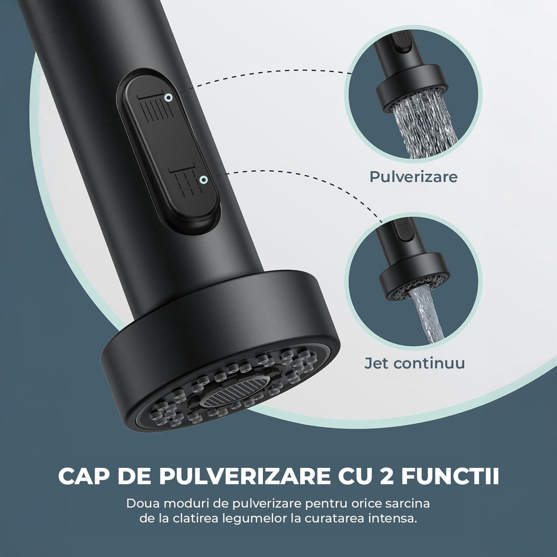 Baterie Chiuveta Bucatarie Neagra Elindor®, Robinet de Apa Lavoar, Modern cu Pipa Flexibila, Cap Dus Extractabil cu Doua Functii, Jet Reglabil, Monocomanda, Rotativ 360°, Otel Inoxidabil, Finisaj Mat