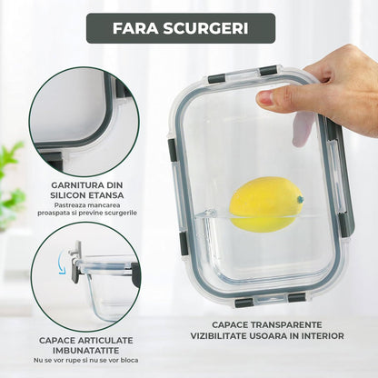 Set de 10 Caserole Elindor® din Sticla, Recipiente Ingrediente pentru Bucatarie, pentru Alimente Uscate, Recipient pentru Depozitare Cafea, Zahar, Paste, Cereale, Capac Etans, Potrivit pentru Congelator Transparent