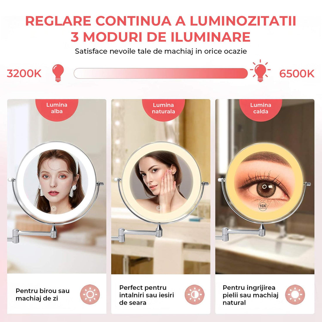 Oglinda de Machiaj Dubla Elindor® cu Iluminare LED, Marire 10X, Fixare pe Perete, Reincarcabila, Argintiu