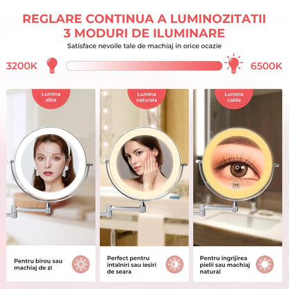 Oglinda de Machiaj Dubla Elindor® cu Iluminare LED, Marire 10X, Fixare pe Perete, Reincarcabila, Argintiu