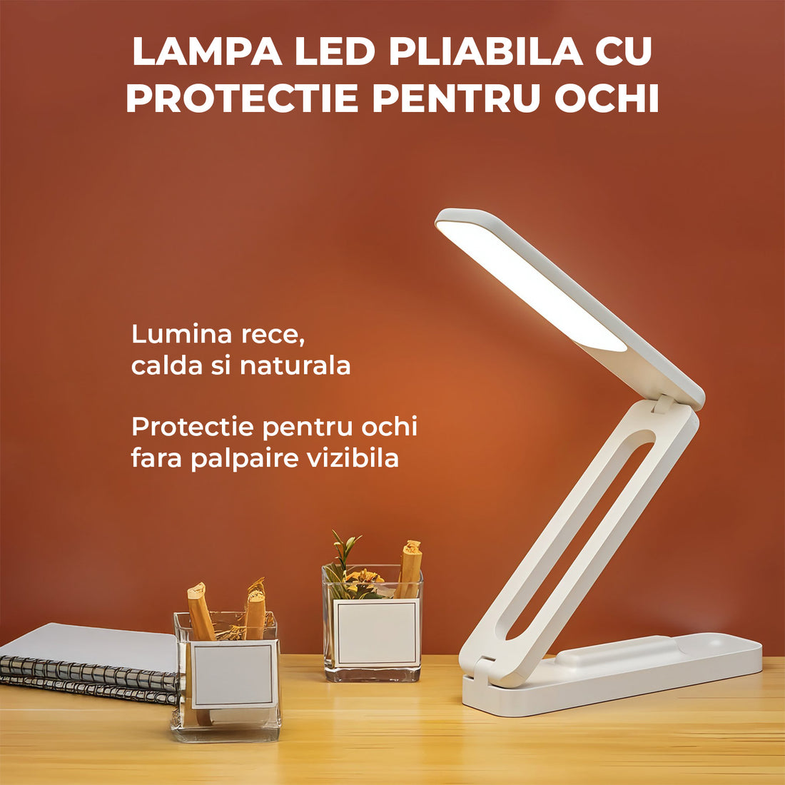 Lampa de Birou Elindor® Alba cu LED Integrat, Incarcare USB si cu Acumulator, 3 Moduri Lumina Camera Rece/Cald, Comanda prin Buton, Veioza Pliabila cu Brat Reglabil, Compacta si Portabila, pentru Birou, Dormitor, Hol, Living, 21 × 42 × 5 cm