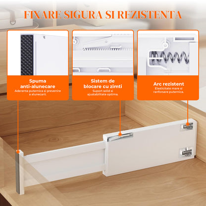 Set 5 Separatoare Extensibile Elindor® din Plastic pentru Sertar, Organizare Bucatarie, Birou, Dormitor, Baie, Organizatoare si Separatoare Sertare, Organizator Spatii Depozitare, Ajustabil si Extensibil de la 28 cm la 48 cm, Transparent