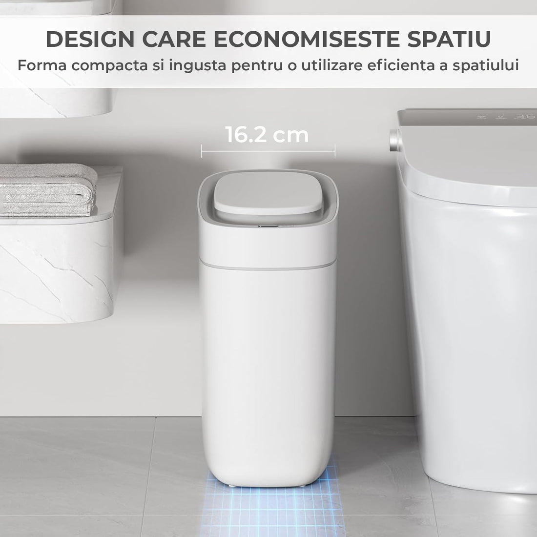 Cos de Gunoi cu Senzor Elindor® cu Capacitate 9.5l, Capac Inteligent Anti-Miros, Deschidere Silentioasa, Design Elegant, Subtire, Ideal pentru Baie, Bucatarie, Birou, Dormitor, Perfect pentru Colectare Deseuri, Rezistent la Apa IPX5 Alb